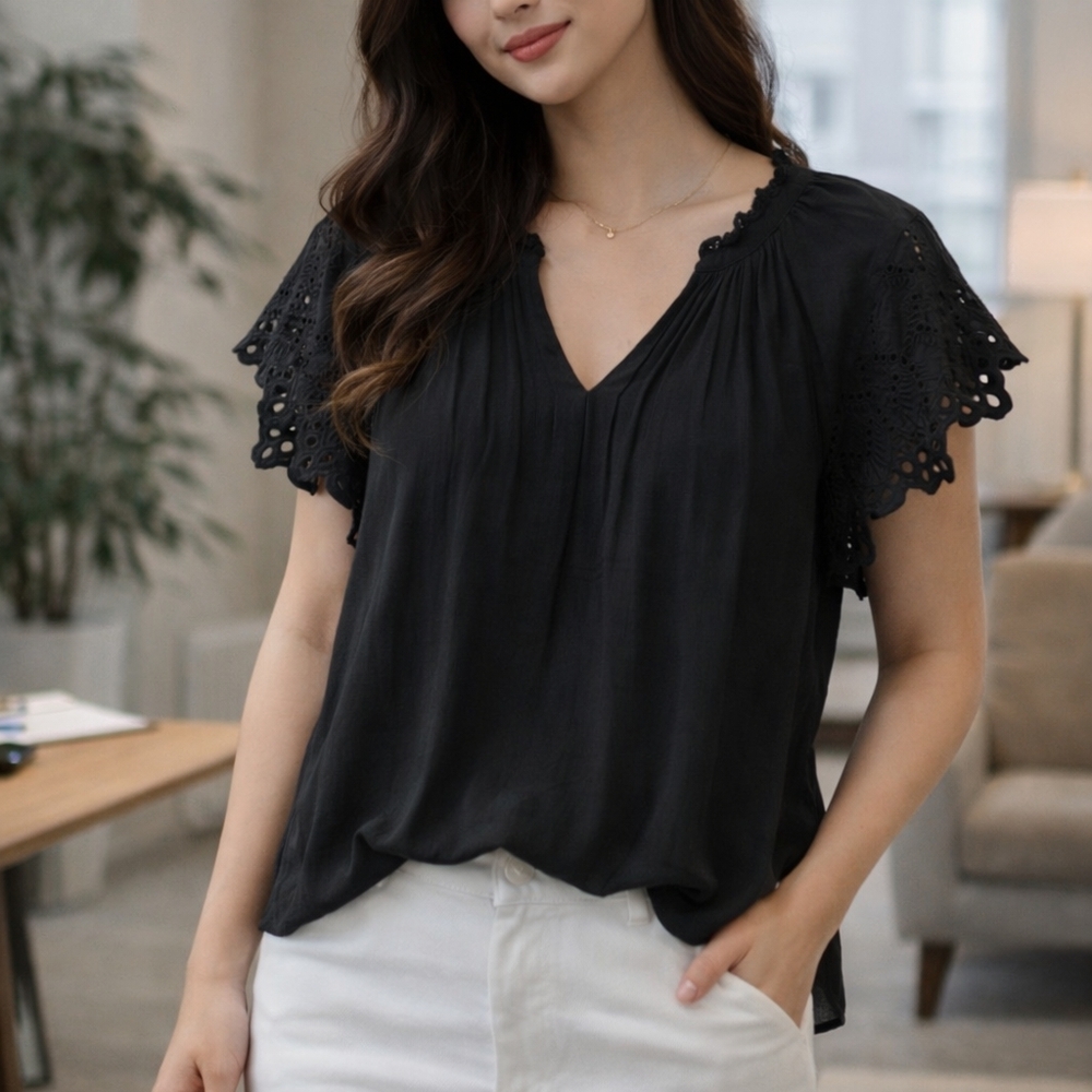 Chelsea & Theodore Black Lace Trim Blouse Size S Pleated Top Flutter Sleeve